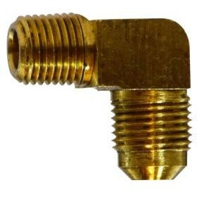 BRASS SAE FLARE 90 DEGREE ELBOW - MALE FLARE X MALE NPTF - SAE# 010202 - Barstock