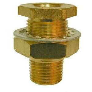 BRASS BULKHEAD ANCHOR COUPLING - NPTF - FEMALE PIPE X MALE PIPE - BRASS BULKHEAD A: 3/8-18 NPTF B: 1-14 UNS C: 1/2-14 NPTF, OVERALL LENGTH 1-7/8 INCHES - Fast Fittings